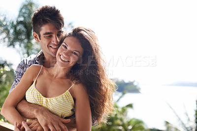 Buy stock photo Couple, hug and smile in nature, love and affection on honeymoon vacation. Happy wife, husband and embracing on trip to Hawaii, tropical and ocean in summer, romance and date or bonding outdoors