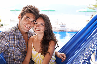 Buy stock photo Couple, hammock and beach on holiday with smile for love, travel and vacation for honeymoon in Mauritius. Portrait, summer and happiness in relationship, bonding and care in outdoor for fun.