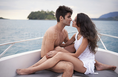 Buy stock photo Couple, embrace and yacht with lake, water and nature for love and summer travel. Man, woman and holiday with adventure, happiness and intimate relationship with date or honeymoon for ocean journey