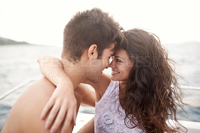 Buy stock photo Couple, embrace and boat with lake, water and nature for love and summer travel. Man, woman and holiday with adventure, happiness and intimate relationship with date or honeymoon for ocean journey