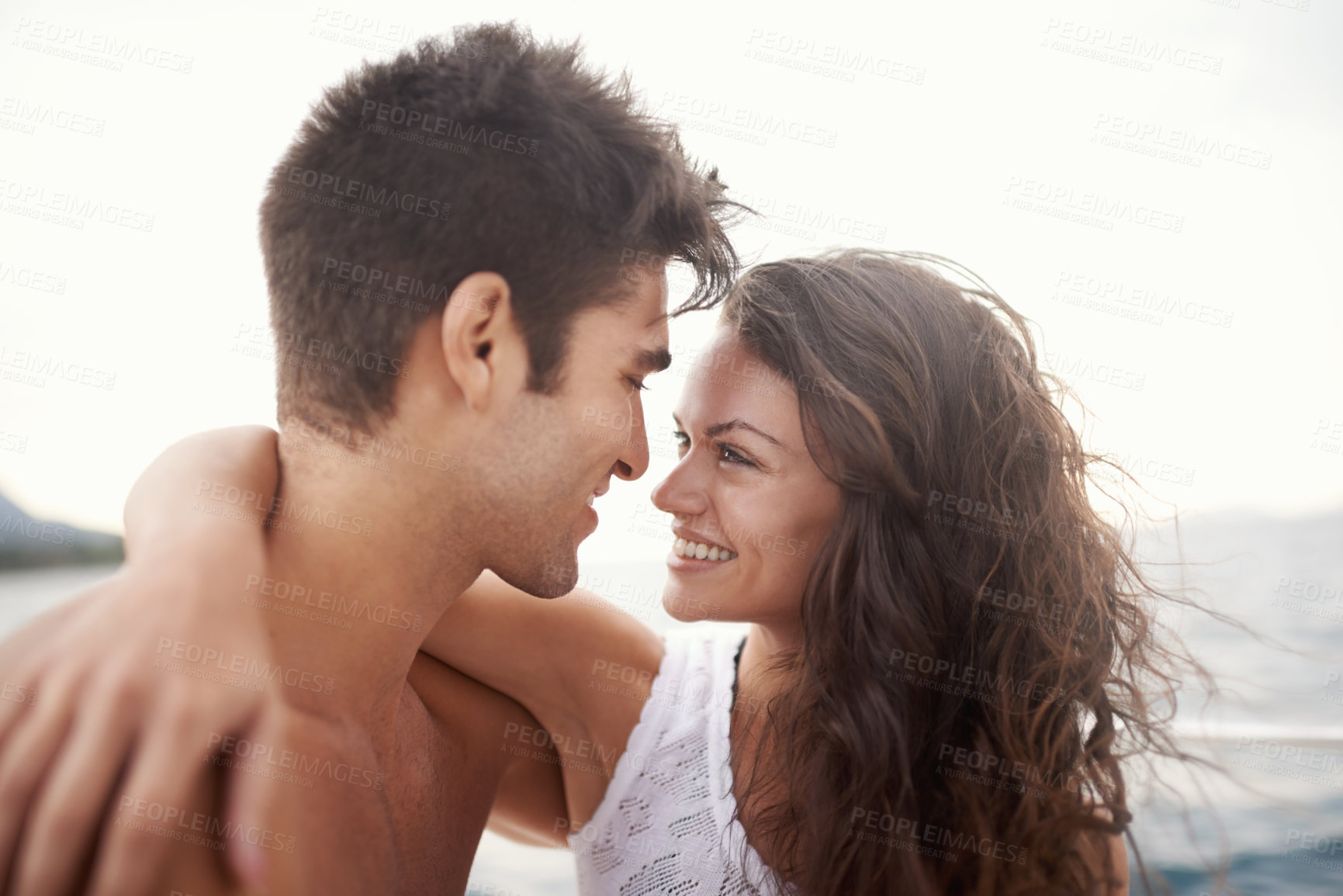 Buy stock photo Couple, embrace and smile with lake, water and nature for love and summer travel. Man, woman and holiday with adventure, happiness and intimate relationship with date or honeymoon for ocean journey