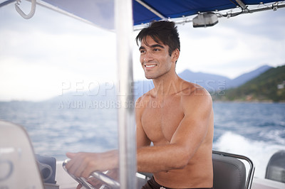 Buy stock photo Man, smile and outdoor on yacht, boat and sailing at ocean, sea and water on holiday by seascape in Venice. Italian male traveler, tourist and steering wheel on vessel at lake for nautical adventure