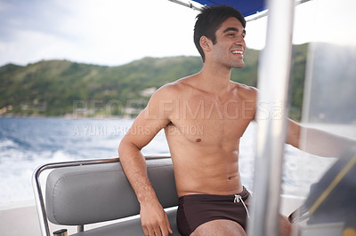 Buy stock photo Man, boat and driving on water for relax holiday in Hawaii or explore vacation on tropical island, adventure or transportation. Male person, speed and lake journey or coastal trip, paradise or summer