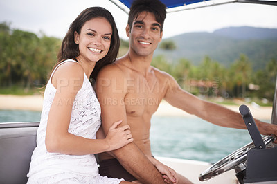 Buy stock photo Couple, portrait and driving boat on ocean holiday or explore sea on vacation adventure, travel or steering wheel. Man, woman and happy in Hawaii or outdoor journey or coast, transportation or nature