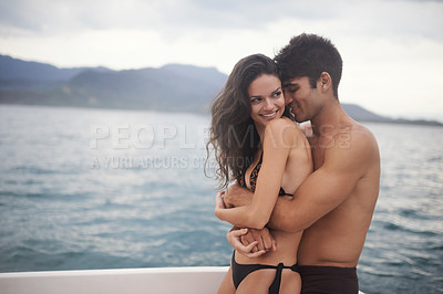 Buy stock photo Couple, yacht and embrace on ocean on vacation, love and relax by water on summer holiday. People, cruise and bonding for relationship in outdoors, support and hug on sea adventure on boat or travel