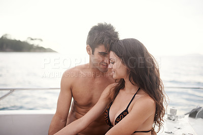 Buy stock photo Love, happy and couple at ocean on boat for vacation, holiday or travel together in summer. Man, woman and smile at sea on ship for connection, relax or touch forehead on adventure by water outdoor