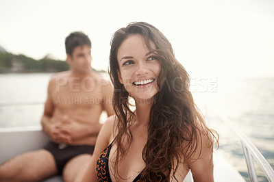 Buy stock photo Woman, thinking and boat with man, ocean journey for happy vacation and travel in Italy. Dream, memory and remember romantic adventure for love, bonding and trust in relationship with transport