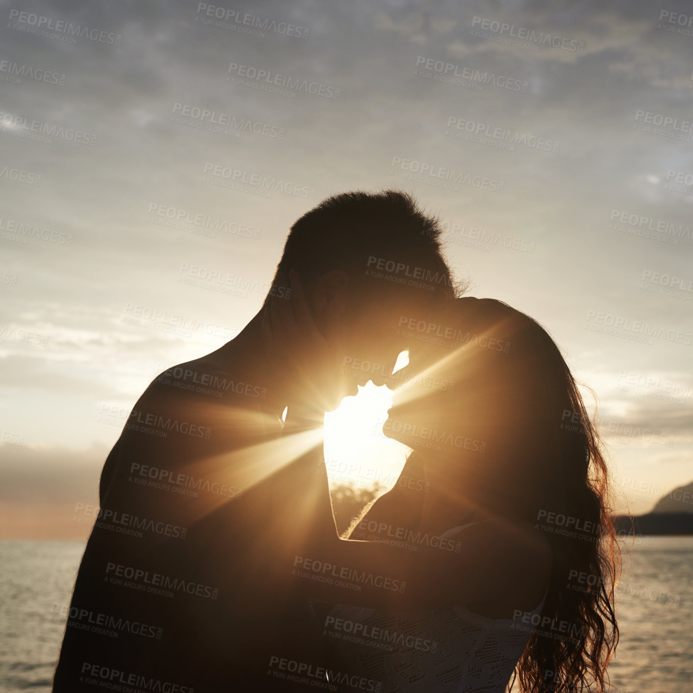 Buy stock photo Silhouette, couple and face at ocean for sunset, vacation or travel together in summer on lens flare. Man, woman and romance at sea with shadow for connection, love and adventure by water outdoor