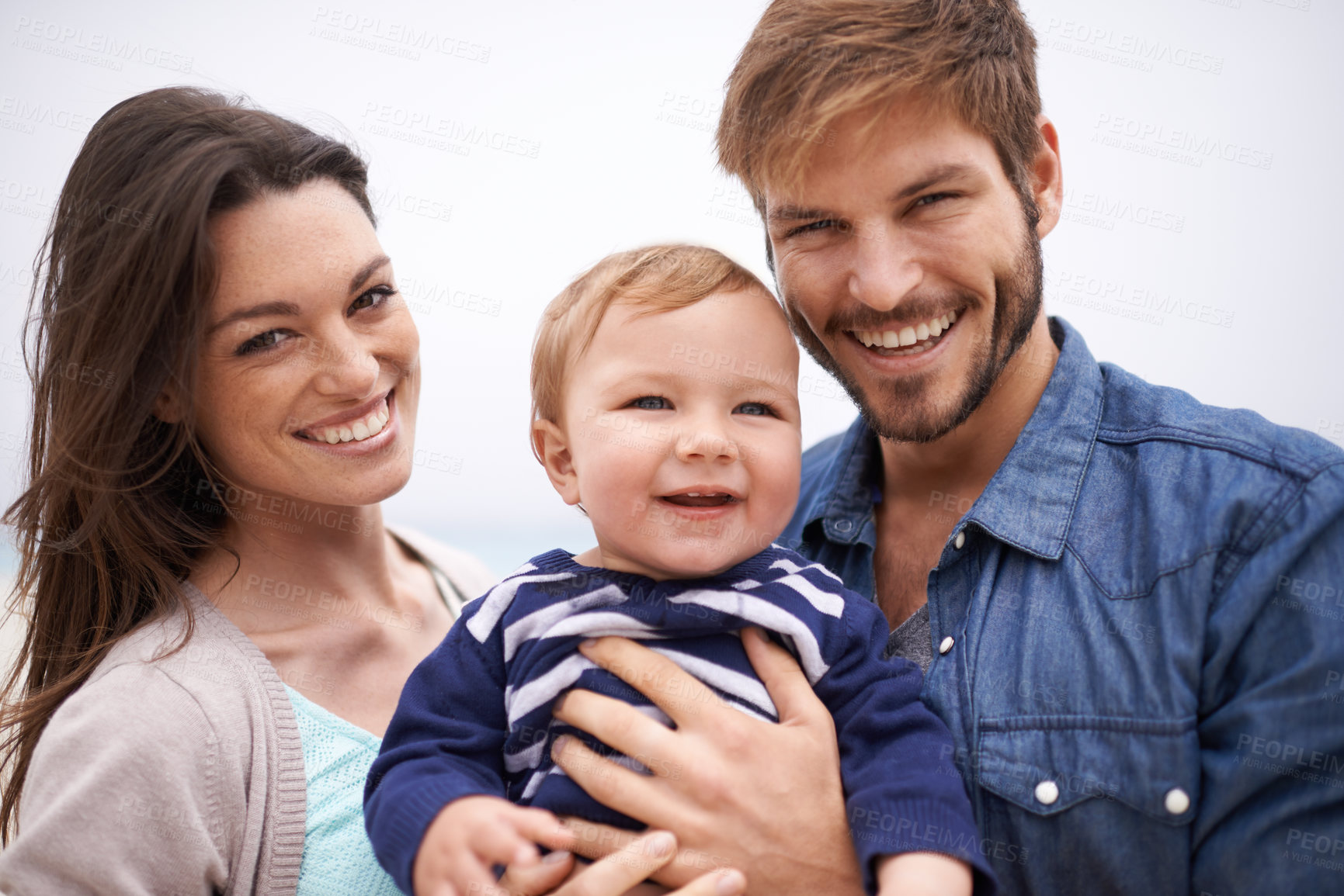 Buy stock photo Mother, father and portrait with toddler for family, love and adoption with happiness. Man, woman and face of parents with baby for domestic, support and bonding together on white background