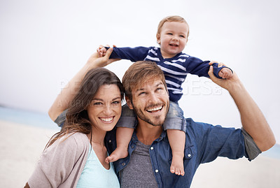 Buy stock photo Family, airplane and baby with parents at a beach for piggyback, fun and walking in nature. Love, kid and happy woman with man outdoors bonding, smile and relax while enjoying travel, freedom or game