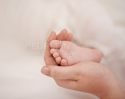 Buy stock photo Feet, hand and parents with infant, support and love of parent for bonding or wellness. Family, close up of caring person holding baby toes for security, protection and childhood development