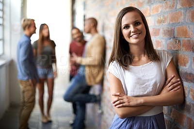 Buy stock photo Education, campus and portrait of woman with crossed arms for university, knowledge and learning. College, academy scholarship and happy female student with friends for studying, class and school