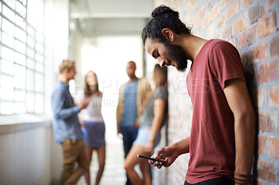 Buy stock photo School, phone and college with man in hallway for social media, technology or internet. Eduction, learning and scholarship with student on university campus for connection, contact or text message