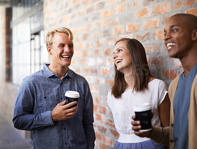 Buy stock photo Friends, university and group in a hallway, conversation and funny with humor and lunch break. Students, college and men with woman in a lobby or education with laughing or joke with knowledge or joy