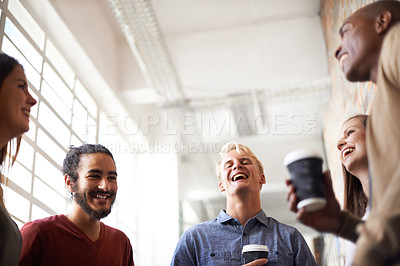 Buy stock photo Funny, university and students in a hallway, conversation and laughing with humor and lunch break. Group, college and men with woman in a lobby or education with friends or joke with knowledge or joy
