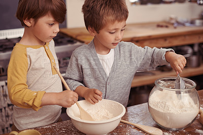 Buy stock photo Boys, baking and creative in kitchen with flour and measurement of dry ingredients in bowl for cake. Children, bonding and messy for cookies in home, love and pastry recipe for holiday learning