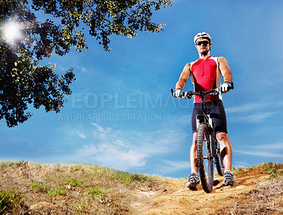 Buy stock photo Nature, cycling and man cyclist with bicycle in park for marathon, race or competition training. Fitness, sports and portrait of athlete riding bike for cardio workout or exercise in outdoor forest.