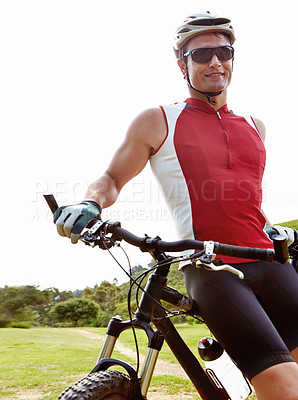 Buy stock photo Portrait, bike and man cycling in countryside for training, cardio or adventure on off road path. Exercise, fitness and sports with cyclist person resting in nature for health, workout or challenge