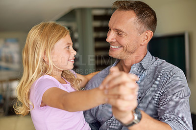 Buy stock photo Daughter, step dad and dance for bonding, family and home with smile and playtime with hug. Father, little girl and happy for joy, care and child development with joy and love at house together 