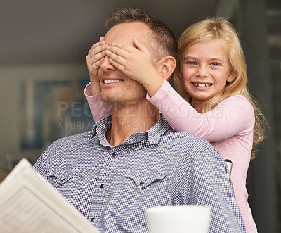 Buy stock photo Daughter, father and cover eyes in portrait, home and trust in playing game on weekend. Girl, daddy and having fun while bonding and love for parent, happy and hiding dad in house and smile or care