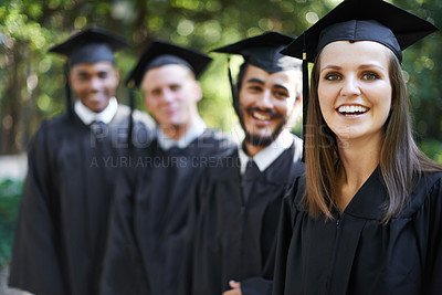 Buy stock photo Graduation, classmates and woman for portrait, ceremony and students for education and college for campus. Outdoor, degree and celebration for university, friends and together with cap and gown