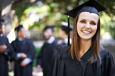 Buy stock photo Student, portrait and graduation with smile and woman outdoor at university, college and achievement ceremony. Education, campus and class at certificate, degree and school event for diploma in park