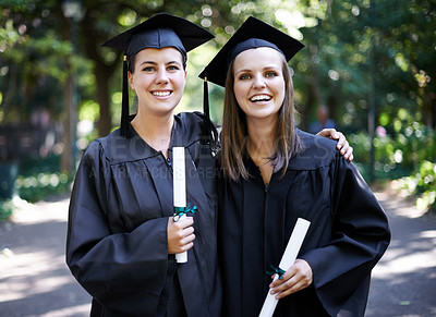 Buy stock photo Friends, portrait and graduation with women outdoor at university, college and achievement ceremony. Education, campus and class at certificate, learning and school event with a smile from diploma  