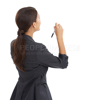 Buy stock photo Writing, planning and business woman in studio with mockup space or white background for brainstorming. Back of a professional worker, attorney or lawyer with notes for ideas, goals and solution 