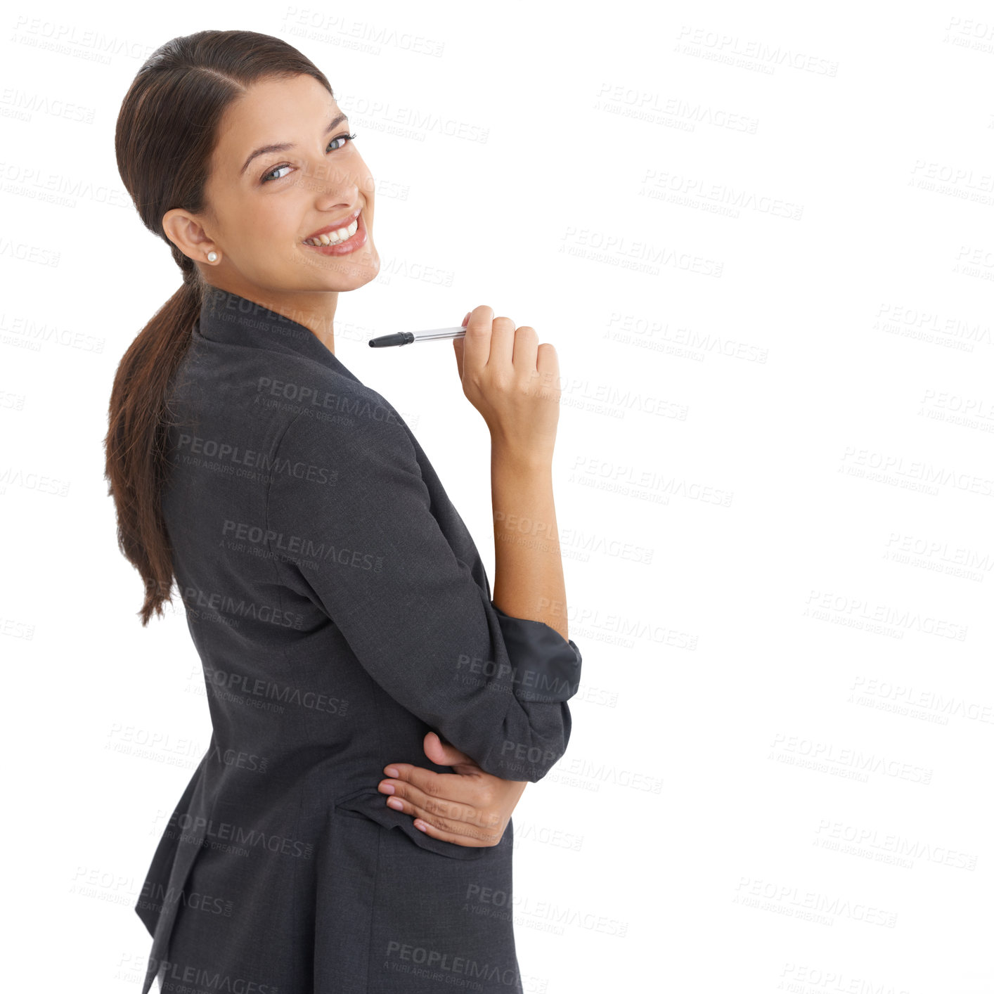 Buy stock photo Portrait, smile and pen with business woman in studio isolated on white background for mockup. Space, presentation and information with happy young employee in corporate suit coaching at workshop