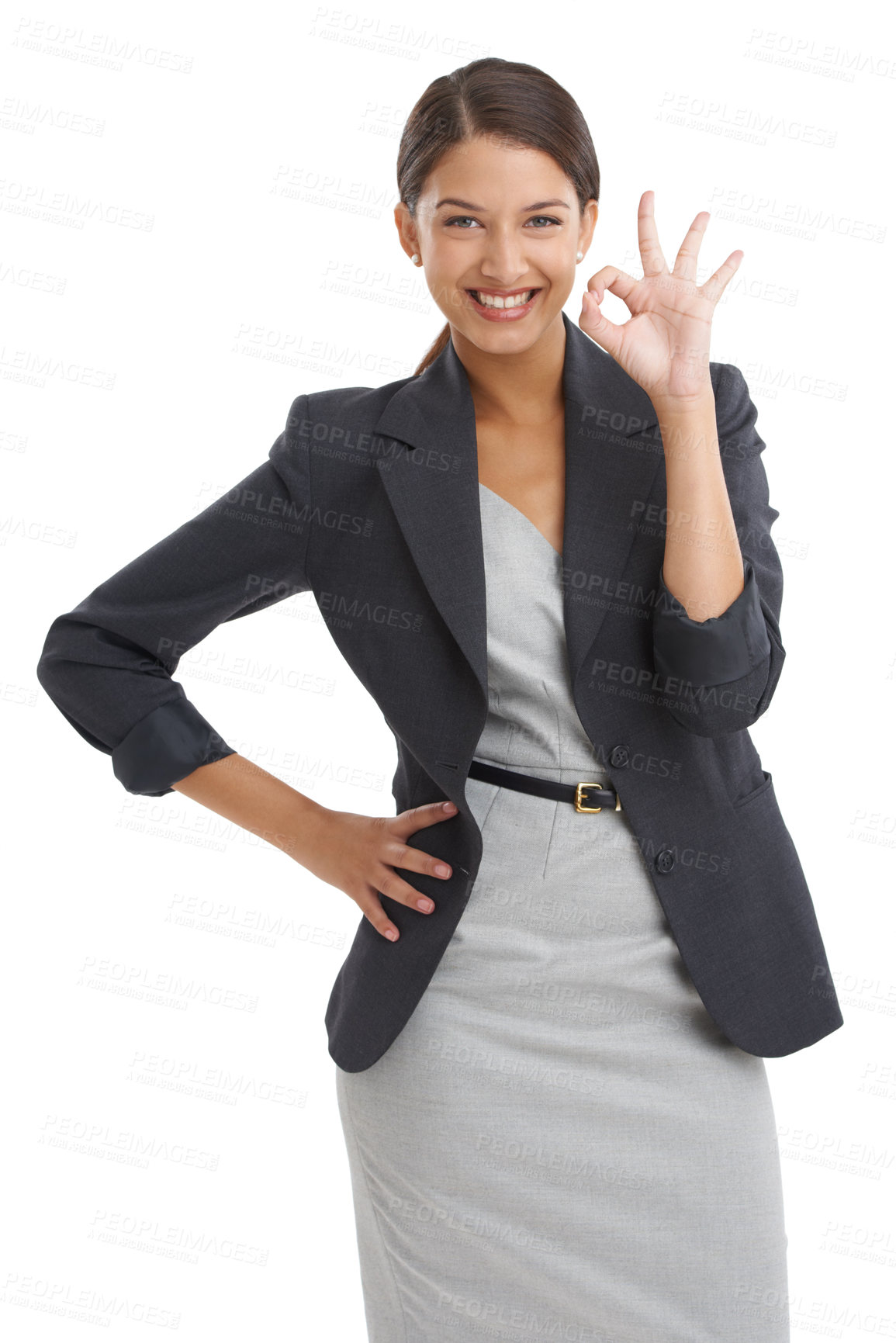 Buy stock photo Success, okay and business woman in studio for thank you, support or like on a white background. Portrait of a professional worker or employee in human resources with perfect, yes and excellence hand