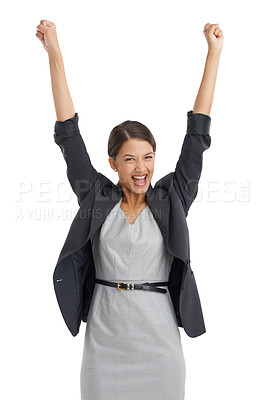 Buy stock photo Business, woman and arms up in studio for success, winning and achievement with wow, yes and celebration. Portrait of excited accountant or winner with wow for goals or target on a white background