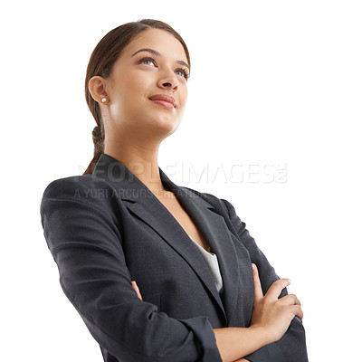 Buy stock photo Business, ideas and woman with arms crossed in studio with thinking face for legal career, solution or job vision. Lawyer, worker or professional with confidence and inspiration on a white background