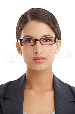 Buy stock photo Business woman in portrait, glasses and professional vision with eye care, wellness and optometry for investigative journalist. Prescription lens, frame and headshot of reporter on white background