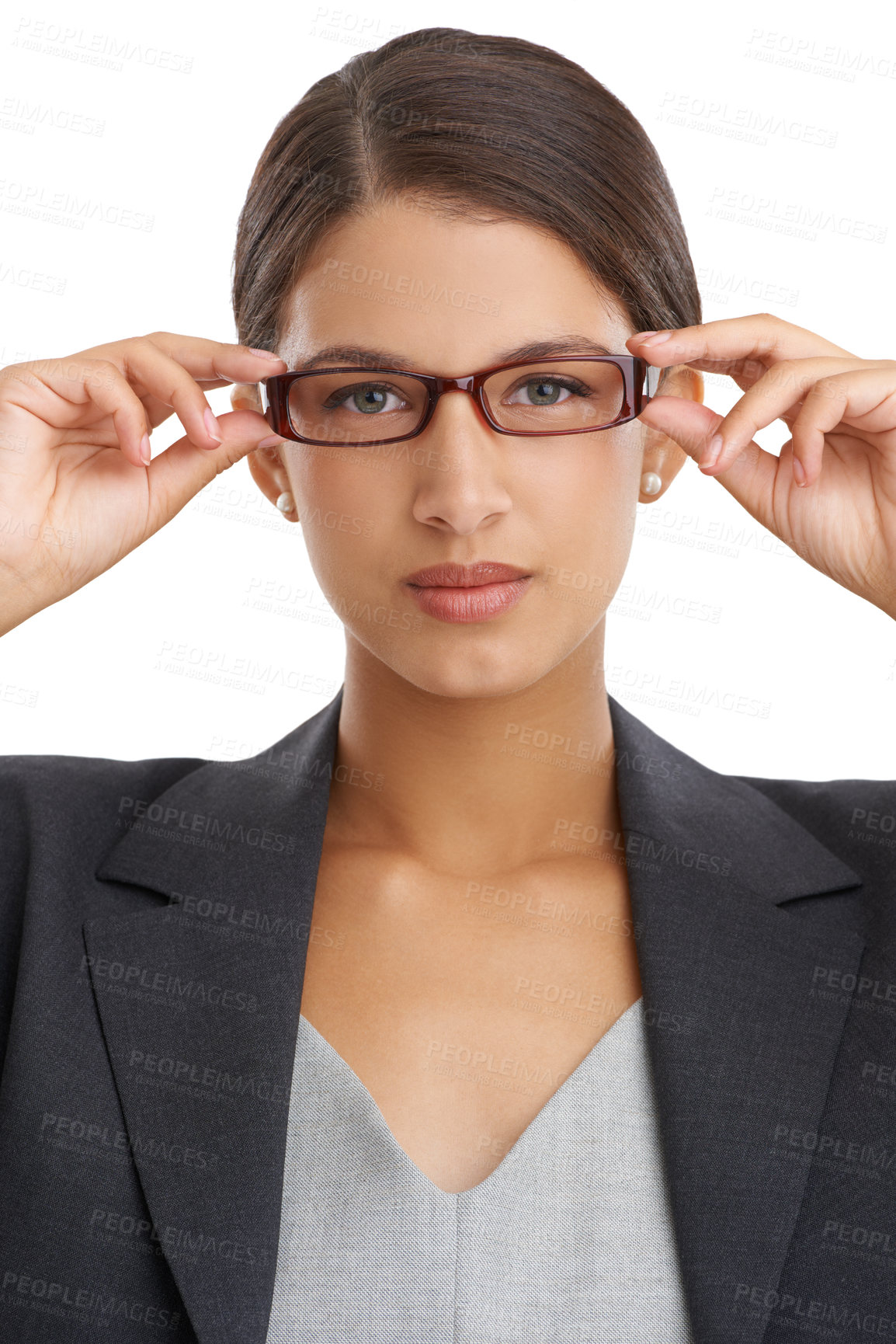 Buy stock photo Corporate, woman in glasses and professional vision with eye care, wellness and optometry for investigative journalist. Prescription lens, frame and portrait in studio of reporter on white background