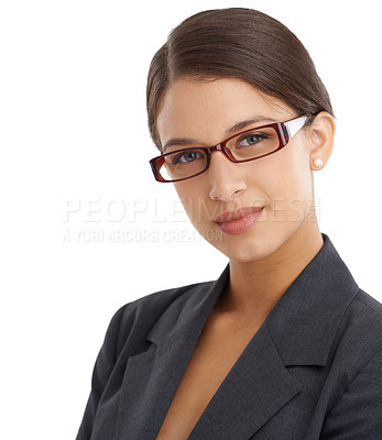 Buy stock photo Business woman in portrait, glasses and vision with eye care, wellness and optometry for investigative journalist. Prescription lens, frame and headshot of professional reporter on white background