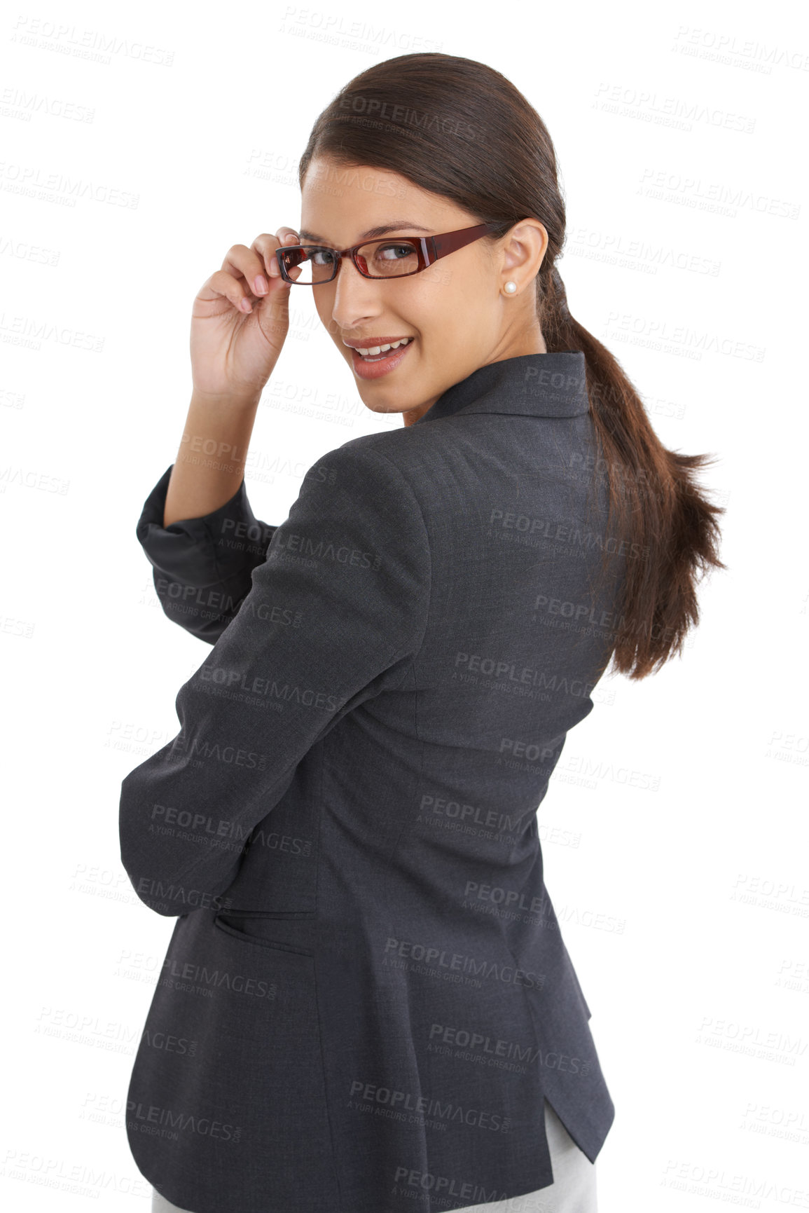 Buy stock photo Business woman, portrait and glasses of office administrator with confidence and corporate fashion in studio. Career, employee and female startup professional ready for working with white background