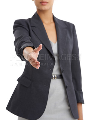 Buy stock photo Woman, handshake and partnership with business offer in studio, welcome or intro for hiring on white background. Corporate recruitment, meeting and shaking hands for collaboration with thank you