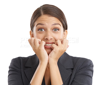 Buy stock photo Portrait of business woman with stress on a white background bite nails for mistake, crisis and fear. Professional, corporate and face of isolated person with worry, anxiety and fail in studio