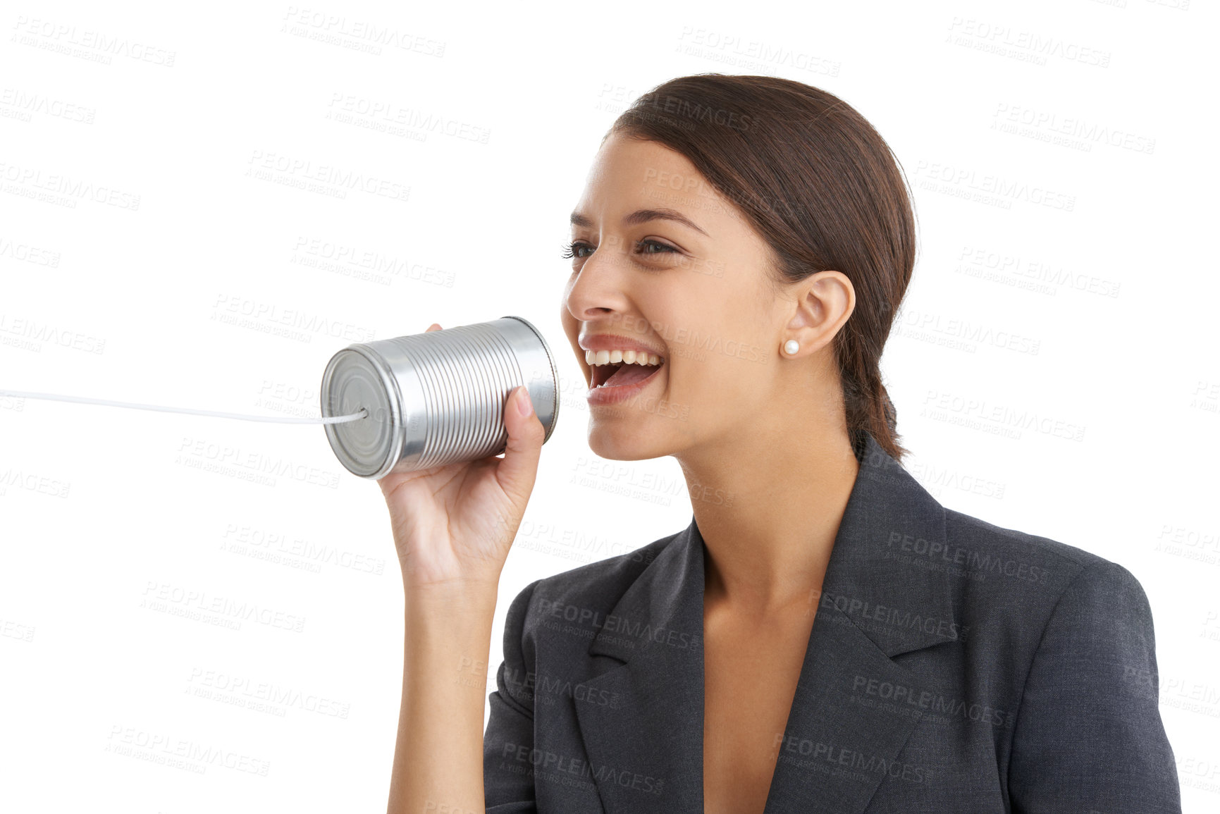 Buy stock photo Tin can telephone, business and woman talking, employee and worker isolated on a white studio background. Person, model and entrepreneur with fun, smile and loud with toys, playing and professional