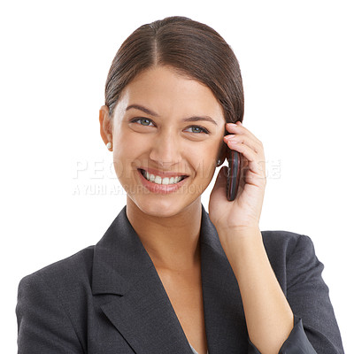 Buy stock photo Phone call, business and woman with conversation, communication and professional isolated on white studio background. Person, employee or entrepreneur with cellphone or contact with discussion or app