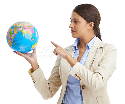 Buy stock photo Globe, pointing and business with woman, employee and person isolated on a white studio background. Geography, global trade and entrepreneur with a map and earth with planning, thinking and planet