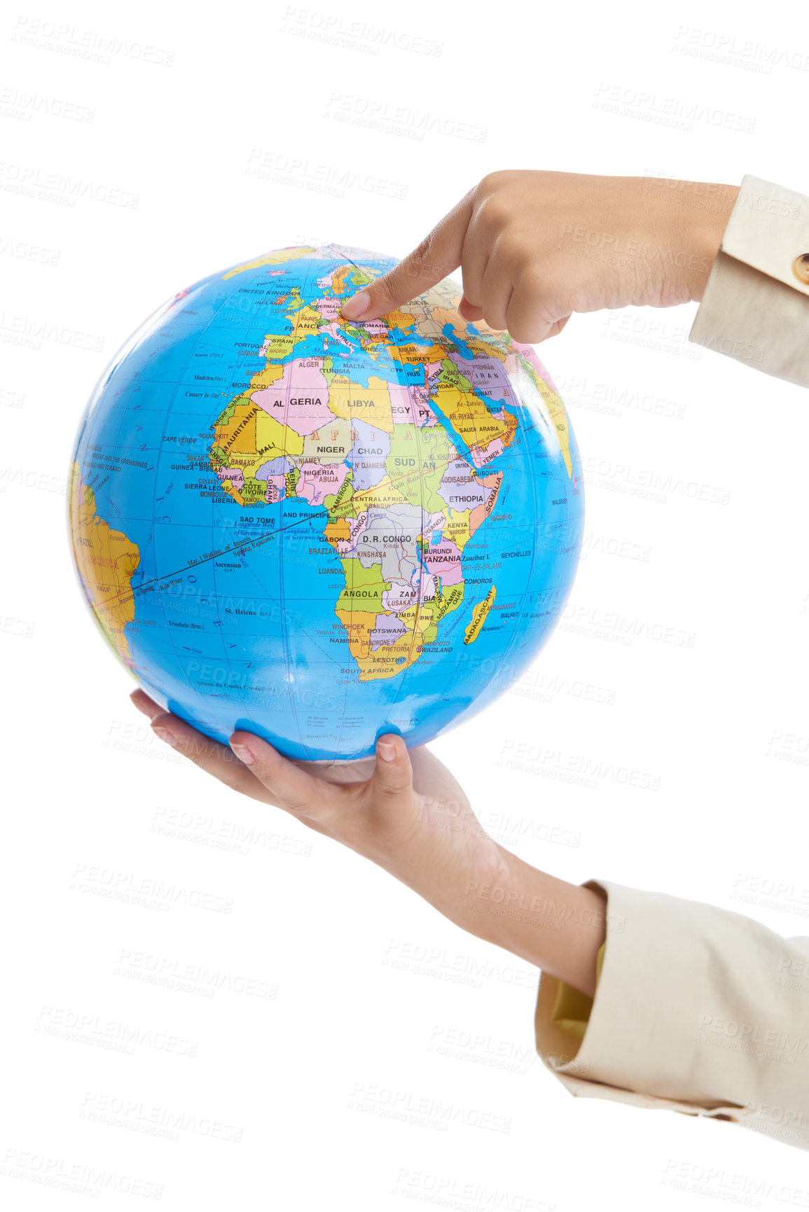 Buy stock photo Business person, hands or spinning earth in studio mockup, trade route or world map for global networking. Finger, globe and idea of worldwide industry or international commerce by white background