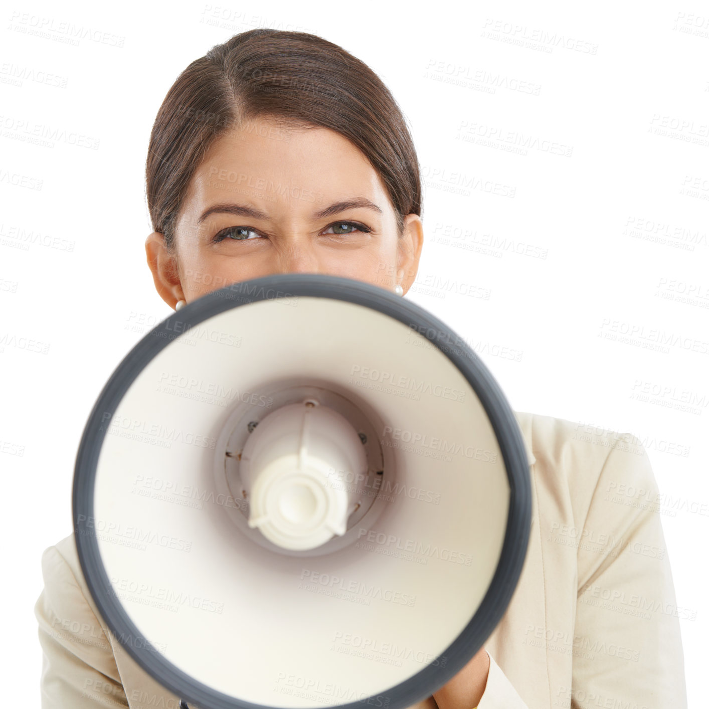 Buy stock photo Megaphone, speech and portrait of business woman in studio for news, announcement and information. White background, communication and person with bullhorn for voice, broadcast or attention in studio