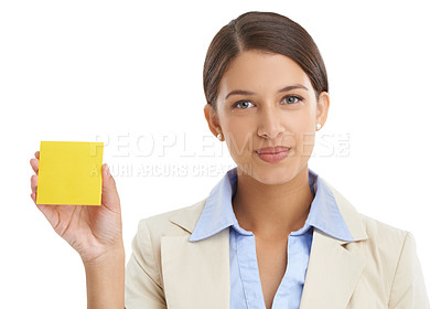 Buy stock photo Note, white background and portrait of business woman for news, information and announcement. Professional, corporate worker and isolated person with sticky notes for writing or planning in studio