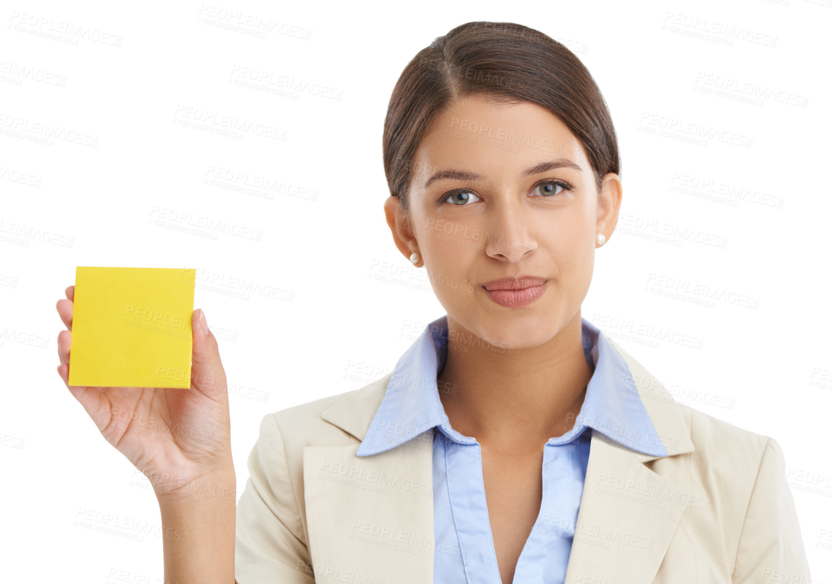 Buy stock photo Note, white background and portrait of business woman for news, information and announcement. Professional, corporate worker and isolated person with sticky notes for writing or planning in studio