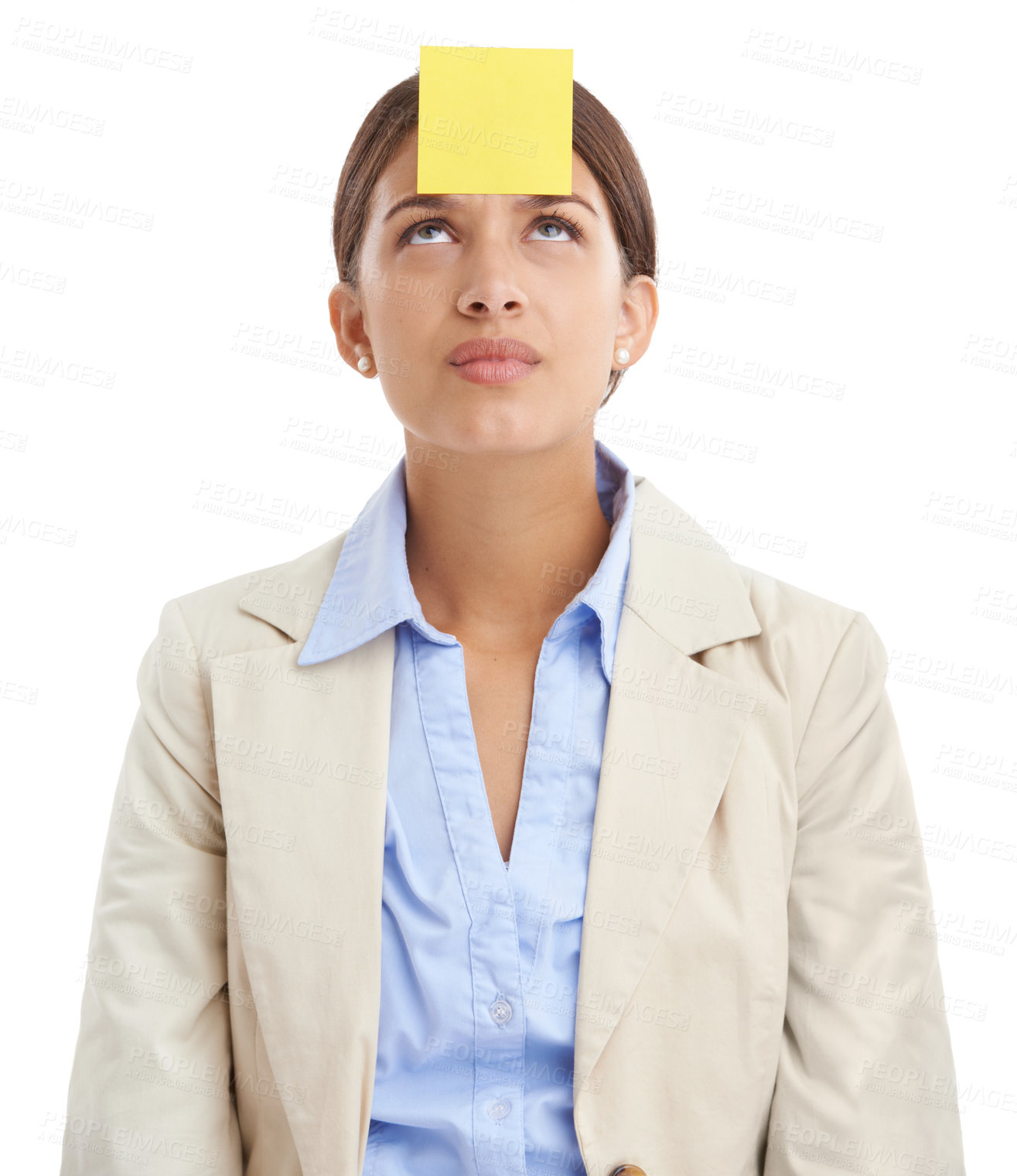 Buy stock photo Sticky notes, thinking and business woman in studio for news, brainstorming and writing ideas. Doubt, corporate and isolated person with paper for planning, schedule and reminder on white background