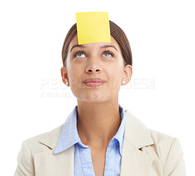 Buy stock photo Sticky notes, white background and business woman for idea, information and writing on paper. Professional, corporate worker and isolated person thinking for planning, schedule and reminder in studio