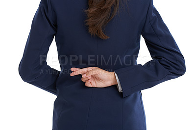 Buy stock photo Businessperson, studio and fingers crossed by back for luck, betting and wish by white background. Corporate accountant, hand gesture or ethics for job fraud or career promotion with moral deception