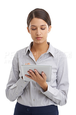 Buy stock photo Young business woman, typing and tablet in studio mock up and scroll on work email for networking. Lawyer, online research and touchscreen on internet and download on connection by white background