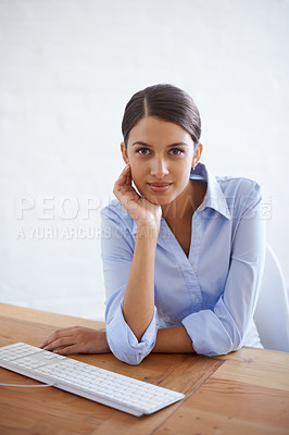 Buy stock photo Businesswoman, portrait and confidence at desk as financial advisor or online investment, accounting or budget. Female person, keyboard and economy loan or company goal in London, review or startup